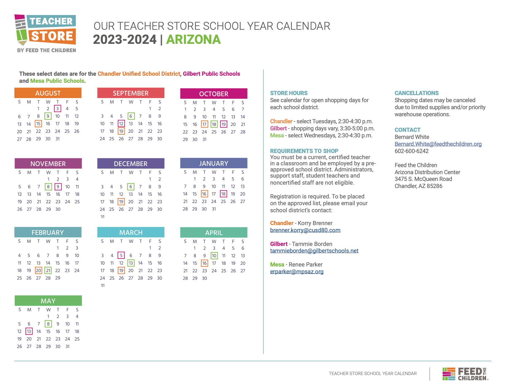 A calendar of the 2023-2024 Arizona Teacher Store Schedule