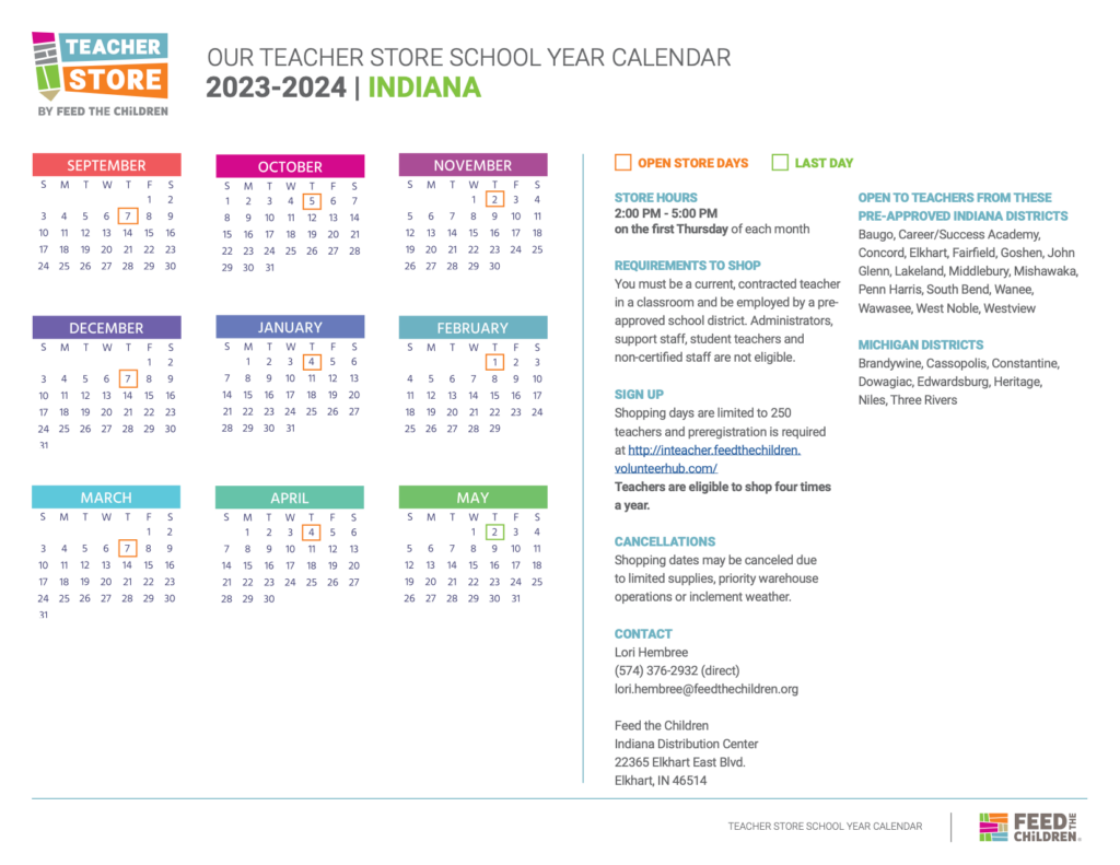 A calendar of the 2023-2024 Indiana Teacher Store Schedule