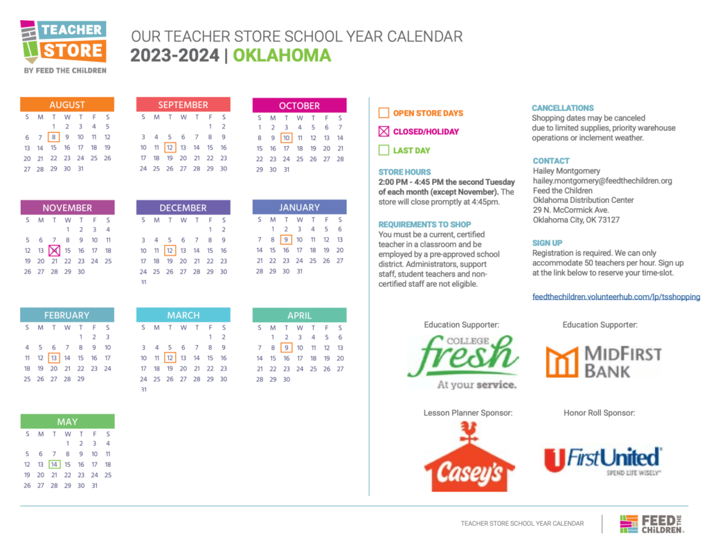 A calendar of the 2023-2024 Oklahoma Teacher Store Schedule