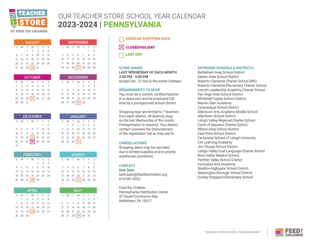 A calendar of the 2023-2024 Pennsylvania Teacher Store Schedule