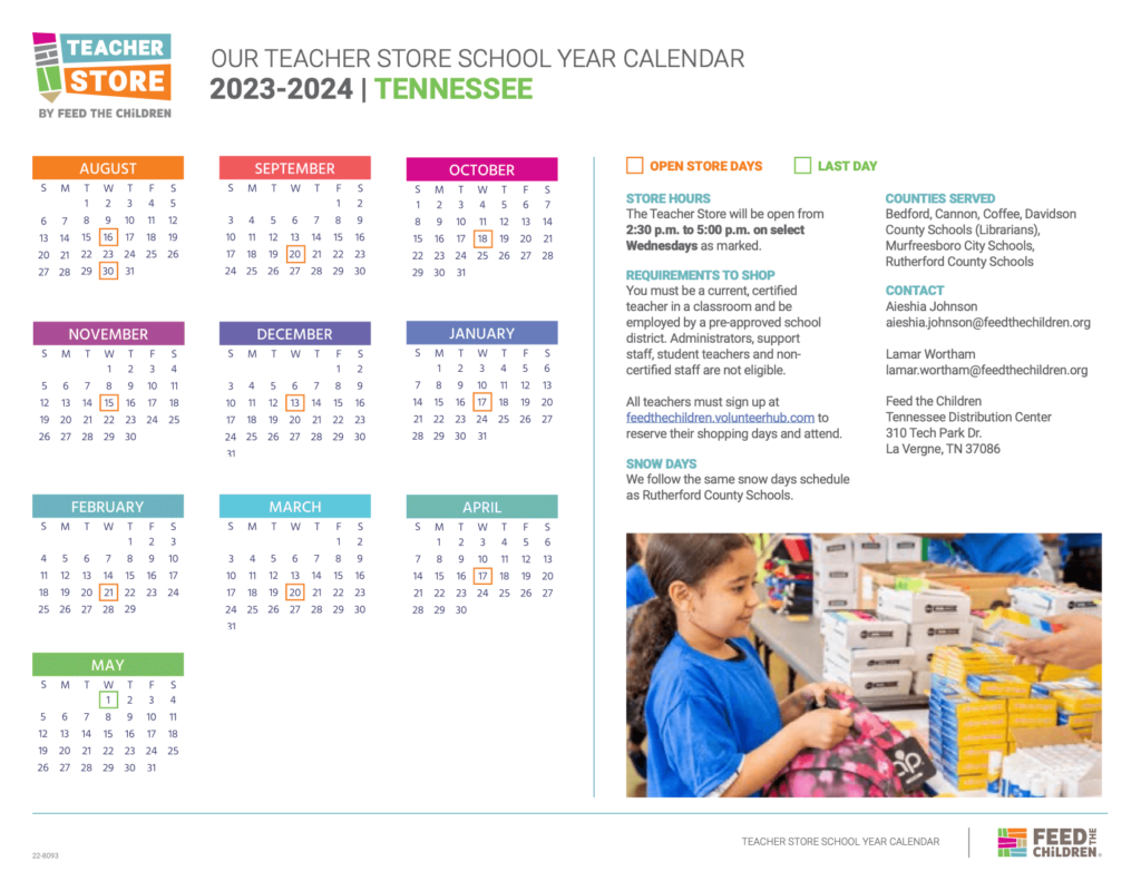 A calendar of the 2023-2024 Tennessee Teacher Store Schedule