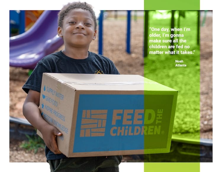 a quote by a child to stop hunger while holding a box