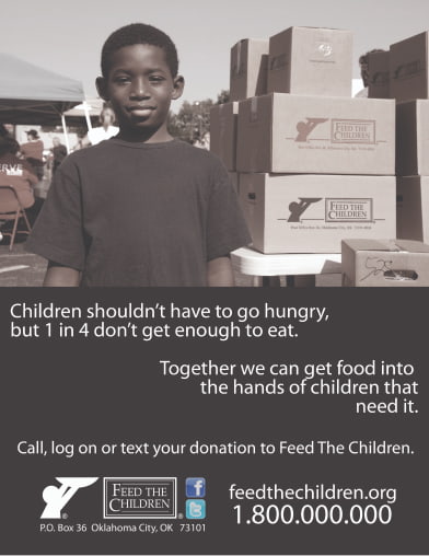 A Feed the Children ad with contact information and a child image