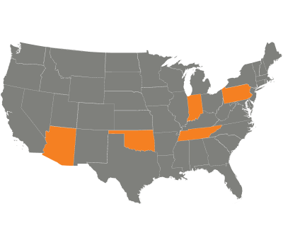 Graphic highlighting Arizona, Oklahoma, Tennessee, Indiana, and Pennsylvania in the U.S.