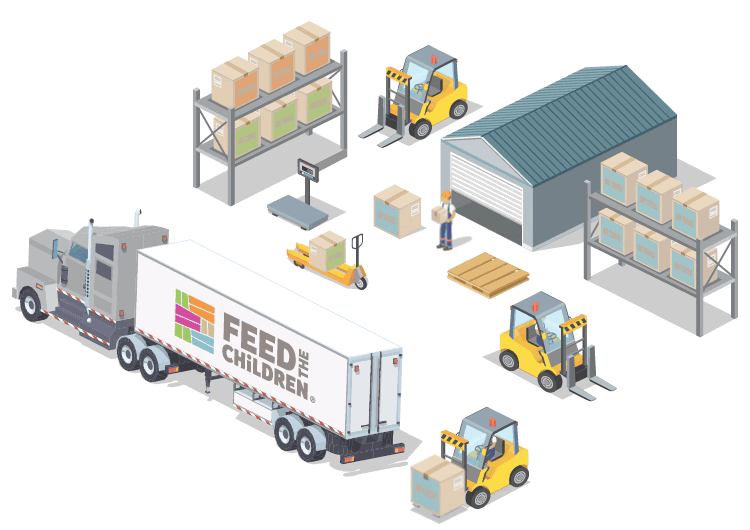 An animation of forklifts loading boxes into a semi truck