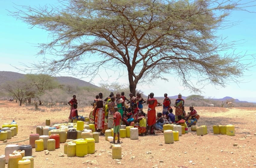A group of people under a tree with water canisters