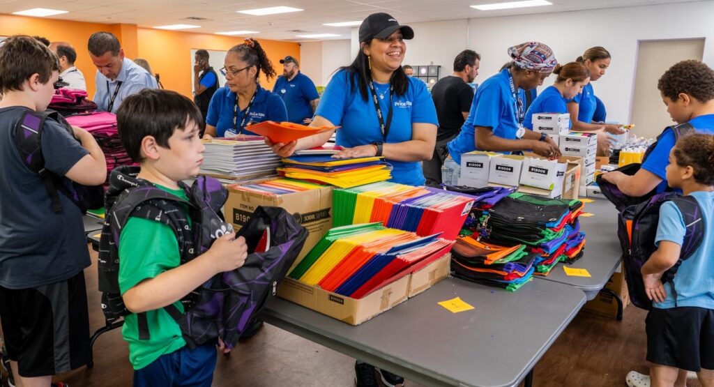 Volunteers and children at a backpack hand out event.
