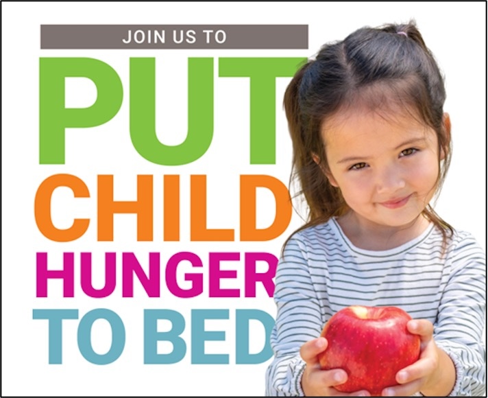 A child holding an apple with the text 'Join us to put child hunger to bed'