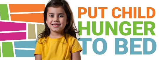An image with the text "Put Child Hunger To Bed" and a child next to the Feed the Children logo.