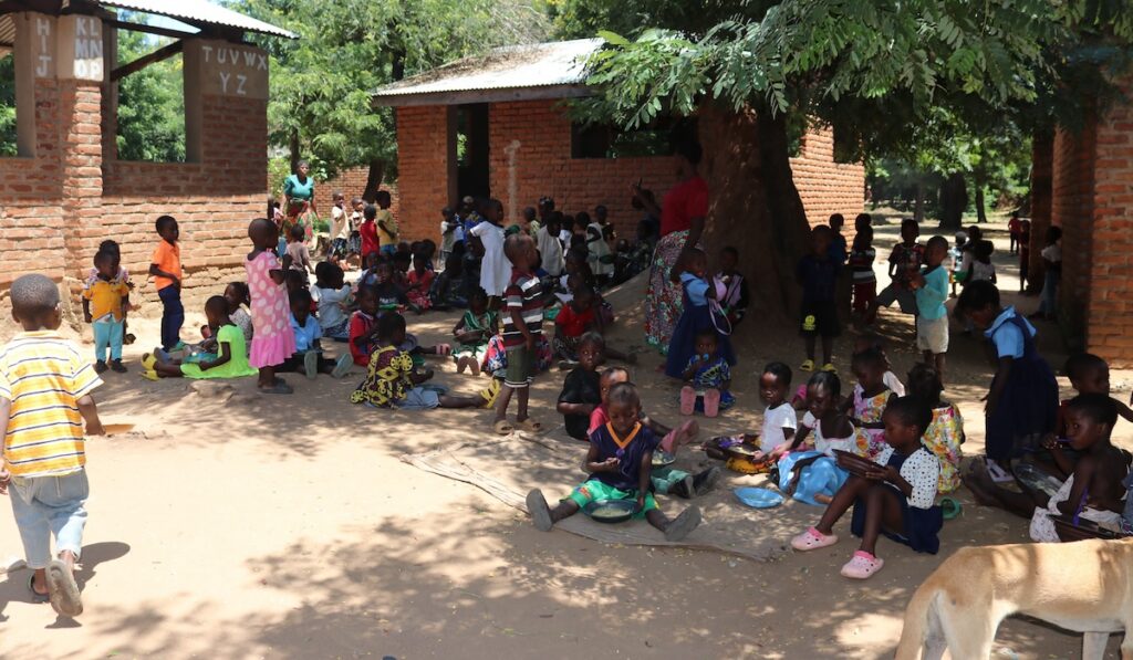 A large group of children sitting in the shade of a tree near buildings.